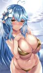  1girl ahoge bangs bikini blue_hair blush breasts circussion cleavage closed_mouth elf flower hair_between_eyes hair_flower hair_ornament heart heart_ahoge hololive huge_breasts long_hair looking_at_viewer multicolored_hair navel open_mouth pointy_ears smile solo streaked_hair swimsuit very_long_hair virtual_youtuber wet yellow_bikini yellow_eyes yukihana_lamy 