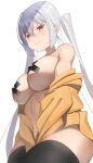  1girl bangs black_thighhighs breasts closed_mouth commentary_request cross_pasties grey_hair hair_between_eyes highres hiiragi_ken jacket large_breasts long_hair looking_at_viewer naked_jacket navel off_shoulder open_clothes open_jacket original pasties red_eyes simple_background solo thighhighs twintails very_long_hair white_background yellow_jacket 
