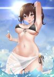  1girl :d armpits bikini blush breasts brown_eyes brown_hair cloud hair_ribbon highres hololive large_breasts midriff navel open_mouth ribbon side_ponytail signature sky smile solo swimsuit thanaphondeech1 tokino_sora virtual_youtuber water 