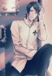  1boy buttons commentary_request greyscale highres kitagawa_yuusuke kosei_high_school_uniform looking_at_viewer male_focus monochrome painting_(object) pants parted_lips persona persona_5 school_uniform shirt sitting solo sonomi twitter_username 