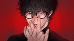  2boys amamiya_ren bangs black_eyes black_hair black_shirt breasts cleavage commentary_request glasses hair_between_eyes half-closed_eyes licking licking_hand looking_at_viewer male_focus multiple_boys persona persona_5 portrait red_background shirt simple_background solo_focus sonomi tongue yaoi 