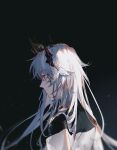  1girl arknights black_background blood blood_on_face cheonyeon-hi crown demon_horns grey_hair horns jacket long_hair long_sleeves portrait profile red_eyes simple_background solo sweat theresa_(arknights) white_jacket 