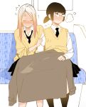  2girls anger_vein black_hair blonde_hair closed_eyes closed_mouth commentary_request glasses gyaru highres implied_fingering kishi_torajirou kogal multiple_girls original parted_lips school_uniform sitting sweat yuri 