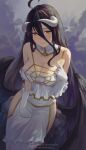 1girl ahoge albedo_(overlord) bare_shoulders black_hair black_wings breasts cleavage demon_girl demon_horns dress feathered_wings feathers gloves hair_between_eyes highres horns large_breasts long_hair looking_at_viewer nhaliz overlord_(maruyama) sitting slit_pupils smile solo white_dress white_gloves wings yellow_eyes 