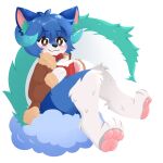  ambiguous_gender anthro berryysoda beverage blue_body blue_fur blue_hair candy chocolate cloud dessert felid feline food fur green_body green_fur hair hi_res horn hot_chocolate mammal nivun_(nivunfur) pawpads solo white_body white_fur 