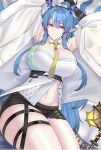  1girl absurdres arknights armpits arms_up bangs black_shorts blue_hair braid breasts closed_mouth dragon_horns hair_ornament highres horns kanta_(kanta_077) large_breasts ling_(arknights) long_hair lying micro_shorts navel on_back pointy_ears purple_eyes shorts smile solo thigh_strap thighs 