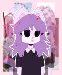  2022 accessory anthro black_clothing black_dress bow_ribbon clothed clothing domestic_cat dress felid feline felis female fur hair hair_accessory hair_bow hair_ribbon looking_at_viewer mammal masyunya_(vkontakte) multicolored_body multicolored_fur pink_nose purple_body purple_eyes purple_fur purple_hair ribbons rybka_dori signature simple_background smile solo tongue tongue_out vkontakte white_body white_fur 