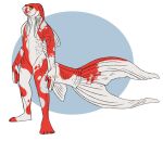  anthro closed_mouth fish forked_tail gills imperatorcaesar male marine mouth_closed narrowed_eyes red_body red_scales red_tail resting_bitch_face scales simple_background solo standing unusual_anatomy unusual_tail white_body white_scales white_tail 