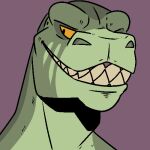  anthro dinosaur front_view green_body grin headshot_portrait imperatorcaesar looking_aside low_res male narrowed_eyes portrait reptile scalie sharp_teeth simple_background smile solo teeth 