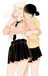  2girls black_hair blonde_hair blush commentary_request glasses gyaru hand_under_clothes highres holding holding_phone kishi_torajirou kogal multiple_girls original phone school_uniform sweat talking_on_phone yuri 