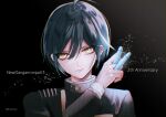  1boy ahoge anniversary artist_name bangs black_background black_hair black_jacket brown_eyes bullet commentary_request copyright_name danganronpa_(series) danganronpa_v3:_killing_harmony gradient gradient_background hand_up holding jacket layered_sleeves long_sleeves looking_at_viewer male_focus portrait saihara_shuuichi sakuyu serious short_hair smile solo striped striped_jacket 