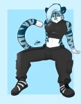  absurd_res annoyed anthro black_clothing blue_body blue_eyes blue_fur blue_highlights blue_stripes bottomwear carrus clothed clothing crop_top felid female footwear fur hi_res highlights_(coloring) kenzie_(carrus) looking_away mammal navel pantherine pants partially_clothed shirt shoes sitting solo spread_legs spreading stripes tiger topwear undercut white_body white_fur 