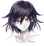  1boy artist_name bangs black_hair danganronpa_(series) danganronpa_v3:_killing_harmony flipped_hair grey_background hair_between_eyes male_focus medium_hair ouma_kokichi pink_eyes portrait purple_hair sakuyu simple_background smile solo 