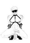  1boy :p abs anal anal_object_insertion blindfold blush chest_harness cum dildo dildo_riding erection facing_viewer full_body gojou_satoru harness highres jacket jacket_removed jujutsu_kaisen male_focus male_masturbation manboobs masturbation monochrome moy64904958 muscular muscular_male navel nipples object_insertion penis sex_toy shoes short_hair solo spread_legs squatting testicles thighs tongue tongue_out 
