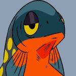  ambiguous_gender blue_background blue_body fish front_view gills imperatorcaesar low_res marine narrowed_eyes orange_body resting_bitch_face simple_background solo 