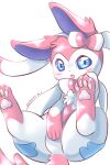  absurd_res blue_eyes chromaticfox eeveelution female feral hi_res looking_at_viewer nintendo pawpads paws pok&eacute;mon pok&eacute;mon_(species) simple_background solo spread_legs spreading sylveon video_games white_background white_body 