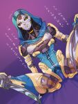  1girl abyuramu_yukidaruma android apex_legends ash_(titanfall_2) black_sclera blue_leotard breasts colored_sclera cracked_skin hood hood_up hooded_leotard leotard metal_skin purple_background science_fiction simulacrum_(titanfall) sitting small_breasts solo spread_legs translation_request yellow_eyes 