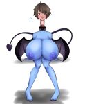  2022 big_breasts blue_body blue_eyes bodily_fluids breasts brown_hair censored demon demon_humanoid dickneck duo erection female genital_fluids genitals hair hi_res huge_breasts humanoid male male/female membrane_(anatomy) membranous_wings not_furry penis pussy pussy_juice simple_background sitting vuaisu white_background wings 