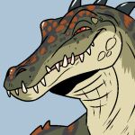  1:1 anthro blue_background brown_body brown_scales brown_spots bust_portrait glistening glistening_eyes green_body green_scales head_spikes imperatorcaesar low_res male narrowed_eyes orange_sclera portrait red_eyes scales scalie sharp_teeth simple_background smile solo spikes spikes_(anatomy) spots spotted_body teeth 