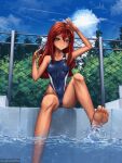  1girl absurdres blue_eyes blue_sky blue_swimsuit breasts brown_hair chain-link_fence cloud covered_navel day english_commentary fence grin highleg highleg_swimsuit highres long_hair looking_at_viewer original outdoors poolside sainty sky small_breasts smile soles solo splashing swimsuit water web_address 