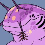  1:1 ambiguous_gender antennae_(anatomy) blue_background closed_mouth imperatorcaesar low_res monster mouth_closed pink_body purple_antennae purple_body purple_spots simple_background solo spots yellow_body yellow_spots 