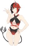  1girl akitetsu alternate_costume bangs bikini black_bikini black_hair blue_eyes breasts cleavage cowboy_shot criss-cross_halter demon_girl demon_horns grin halterneck hand_on_hip horns large_breasts looking_at_viewer multicolored_hair navel one_eye_closed pointy_ears red_hair ryugasaki_rene short_hair simple_background smile solo sugar_lyric swimsuit transparent_background two-tone_hair underboob virtual_youtuber w 