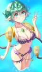  1girl anisdrawn bikini breasts chest_jewel cleavage cowboy_shot curly_hair glasses green_eyes highres pandoria_(xenoblade) partially_submerged pointy_ears round_eyewear short_hair smile solo striped striped_bikini swimsuit tail v xenoblade_chronicles_(series) xenoblade_chronicles_2 