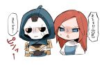  2girls android annoyed apex_legends ash_(titanfall_2) ashleigh_reid black_sclera chibi colored_sclera dual_persona highres hood hood_up long_hair multiple_girls nagoooon_114 open_mouth orange_eyes portrait shaded_face simulacrum_(titanfall) speech_bubble translation_request v-shaped_eyebrows 