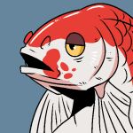  1:1 ambiguous_gender blue_background fish gills glistening glistening_eyes imperatorcaesar low_res marine narrowed_eyes open_mouth red_body red_scales scales simple_background solo white_body white_scales 