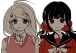  2girls ahoge akamatsu_kaede bangs black_hair black_sailor_collar bow bowtie breasts closed_mouth collarbone collared_shirt danganronpa_(series) danganronpa_v3:_killing_harmony esu_(tasoesu) grey_background grey_shirt hair_ornament hairclip harukawa_maki highres large_breasts long_hair mole mole_under_eye multiple_girls musical_note musical_note_hair_ornament necktie pink_vest portrait red_eyes red_scrunchie sailor_collar scrunchie shirt simple_background twintails vest white_bow white_bowtie 