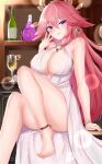  1girl absurdres animal_ears bangs bare_shoulders barefoot blush bottle breasts cleavage collarbone cup drinking_glass earrings fox_ears genshin_impact hair_ornament highres jewelry knee_up kuro_(blackpgmickey) large_breasts long_hair looking_at_viewer necklace pink_hair purple_eyes sidelocks smile solo thighs very_long_hair wine_bottle wine_glass yae_miko 