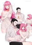  1boy 1girl :d beard black_eyes breasts cleavage closed_eyes commentary_request cross cross_necklace crossed_arms dracule_mihawk facial_hair jewelry joman korean_commentary large_breasts long_hair naked_towel necklace one_piece perona pink_hair shirt simple_background sitting smile towel white_background white_shirt 
