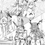  2girls ^_^ animal_ears arknights bare_shoulders bow bowtie breasts closed_eyes coffee_cup collarbone commentary crossed_arms cup deer_antlers deer_ears deer_girl disposable_cup dlanon english_commentary english_text frostnova_(arknights) greyscale hair_between_eyes hair_over_one_eye hat holding holding_cup hood hood_down hooded_jacket jacket looking_at_another looking_at_breasts monochrome multiple_girls no_mouth nude open_clothes open_jacket open_mouth rabbit_ears rabbit_girl scar scar_across_eye shirt sitting small_breasts smile speech_bubble straw_hat sun_hat tank_top twitter_username 