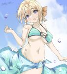  1girl bikini blonde_hair blue_sky braid braided_bangs braided_bun breasts cleavage cloud commentary_request gakky green_bikini hair_bun kantai_collection long_hair looking_at_viewer medium_breasts official_alternate_costume one-hour_drawing_challenge perth_(kancolle) sarong sky solo striped striped_bikini swimsuit 