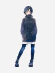  1girl alternate_costume artist_request bangs black_coat black_hair blue_eyes boots coat full_body hands_in_pockets highres kingdom_hearts long_coat long_sleeves looking_at_viewer organization_xiii pants short_hair xion_(kingdom_hearts) 