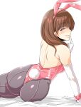  1girl animal_ears ass blue_eyes breasts brown_hair dated elbow_gloves gloves idolmaster idolmaster_cinderella_girls kirisaki_byakko leotard medium_breasts open_mouth pantyhose pink_leotard rabbit_ears sakuma_mayu smile solo tail 