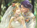  alternate_costume alternate_hairstyle bare_shoulders blonde_hair blush bridal_veil bride closed_eyes collarbone couple dress earrings flower gold_choker groom hair_bun hair_flower hair_ornament hair_up hawkeye_(seiken_densetsu_3) hetero highres jewelry mogg_magg pink_flower pink_rose purple_hair riesz rose seiken_densetsu seiken_densetsu_3 sidelocks smile strapless strapless_dress veil wedding wedding_dress white_dress 