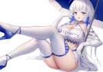  1girl azur_lane bandeau bangs bare_shoulders blue_choker blue_eyes blue_footwear breasts choker cleavage commentary_request criss-cross_halter elbow_gloves gloves halterneck hand_up high_heels illustrious_(azur_lane) large_breasts long_hair midriff mole mole_under_eye shenqi_(toid310) simple_background sitting solo thighhighs thighs umbrella very_long_hair white_background white_gloves white_hair white_thighhighs 