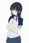  1girl bangs black_hair blue_shorts blush crossed_arms curecu8 denim denim_shorts hair_between_eyes highres koe_no_katachi parted_lips purple_eyes shirt short_sleeves shorts simple_background smile solo standing t-shirt ueno_naoka white_background white_shirt 