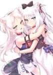  2girls absurdres animal_ears apron azur_lane black_bow black_dress black_gloves blue_eyes blush_stickers bow cat_ears choker dress fingerless_gloves frilled_apron frills gloves hair_bow hammann_(azur_lane) highres hug long_hair looking_at_viewer mochunabeeeee multiple_girls purple_bow red_choker simple_background sims_(azur_lane) strapless strapless_dress waist_apron white_apron white_background white_garter_straps white_hair wrist_cuffs 