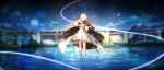  1girl absurdres azur_lane black_bow black_gloves blonde_hair bow bow_(music) cape closed_eyes dress fan_(ariku) full_body gloves gold_dress gold_trim hair_bow highres holding holding_instrument instrument long_hair music night night_sky outdoors playing_instrument reflection scabbard sheath sheathed sky solo star_(sky) starry_sky thighhighs two-tone_cape vanguard_(azur_lane) violin wading white_cape white_dress white_thighhighs 