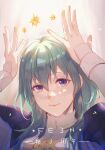  1girl absurdres anniversary armor arms_up artist_name bangs blue_eyes byleth_(fire_emblem) byleth_(fire_emblem)_(female) closed_mouth collar commentary_request copyright_name fingernails fire_emblem fire_emblem:_three_houses floating floating_object gakko_(gacco38) green_hair hair_between_eyes highres light lips long_hair looking_at_viewer pink_lips shoulder_armor smile solo star_(symbol) upper_body 