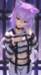  1girl ahoge animal_ear_fluff animal_ears ao_ne bars black_choker breasts cat_ears cat_girl cat_tail choker commentary cuffs handcuffs highres hololive large_breasts looking_at_viewer medium_hair navel nekomata_okayu open_mouth pants prison_cell prison_clothes purple_eyes purple_hair shirt striped striped_pants striped_shirt suspenders tail virtual_youtuber 