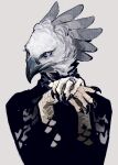  1other androgynous beak bird claws closed_mouth eagle feathers furry grey_background grey_feathers highres jewelry looking_at_viewer nightcrow original other_focus own_hands_together purple_eyes ring simple_background solo upper_body 