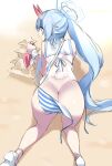  1girl all_fours ass back bikini blue_archive blue_hair blush chise_(blue_archive) fukuinu halo highres horns long_hair oni_horns ponytail red_eyes sailor_collar sand_castle sand_sculpture sandals see-through shovel solo striped striped_bikini swimsuit wardrobe_malfunction 