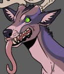  anthro black_inner_ear black_nose blue_body blue_fur brown_body brown_fur cervid fur glistening glistening_nose green_eyes imperatorcaesar inner_ear_fluff long_neck long_tongue male mammal pupils red_tongue simple_background slit_pupils solo tongue tongue_out tuft wide_eyed 