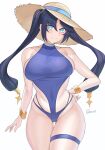  1girl alternate_costume aori_sora aqua_eyes ass_visible_through_thighs bangle bare_shoulders bracelet breasts closed_mouth contrapposto covered_navel cowboy_shot dark_blue_hair genshin_impact gold halterneck hand_on_hip hat highres jewelry large_breasts leaning_forward long_hair looking_at_viewer mona_(genshin_impact) sideboob sideless_outfit simple_background smile solo sun_hat swimsuit thigh_gap thigh_strap twintails twitter_username very_long_hair white_background wide_hips 
