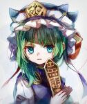  1girl asymmetrical_hair balance_scale bangs blue_eyes closed_mouth frilled_hat frills frown green_hair hat highres holding looking_at_viewer rod_of_remorse shiki_eiki short_hair simple_background solo tarutsu touhou upper_body weighing_scale white_background 