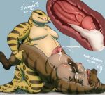  anaconda anthro boa_(snake) bodily_fluids boinae chubby_male cum cum_in_ass cum_inside dinosaur ejaculation genital_fluids hi_res male male/male reptile scalie slightly_chubby snake solo speech_bubble text theropod treebarkdragon tyrannosaurid tyrannosaurus tyrannosaurus_rex 