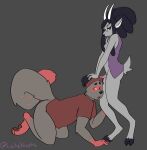  absurd_res anthro bottomless bovid canid canine caprine cecildeatrio cecile_(cecildeatrio) clothed clothing duo fur goat grey_body grey_fur gynomorph hi_res hooves horn intersex male male/male mammal oral pawpads paws raccoon_dog tanuki twipp_(twippnisty) 